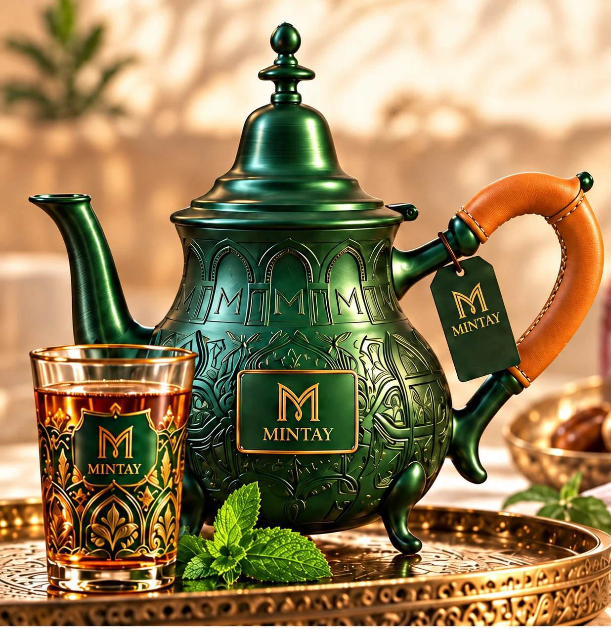 Le Bered MINTAY, vert profond à poignée cognac, et un verre de thé à la menthe servi sur un plateau doré.