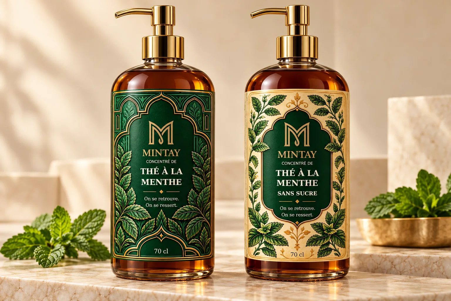 Deux bouteilles MINTAY avec pompe : la version sucrée et la version sans sucre.