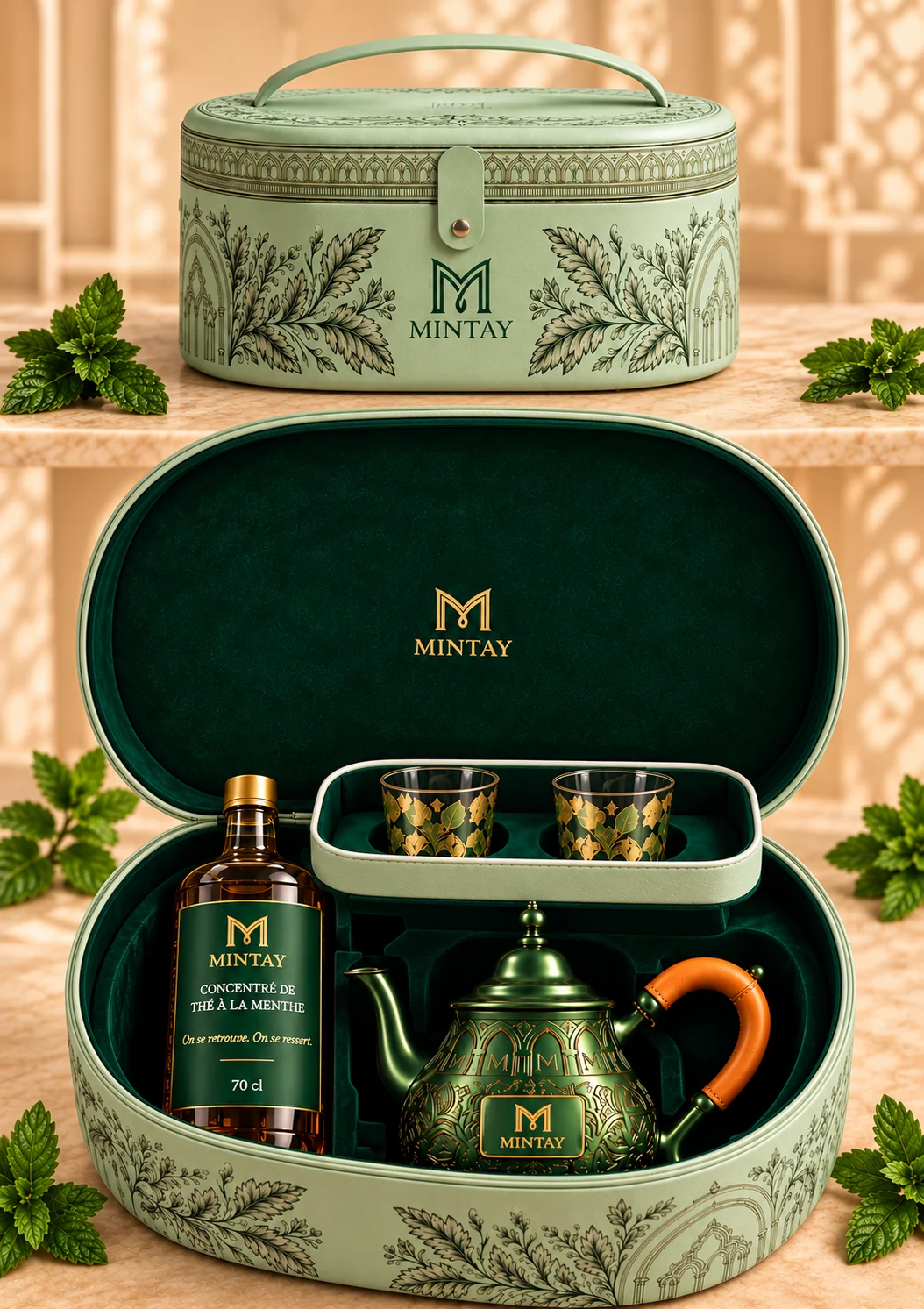 Projet de coffret MINTAY vert, présenté fermé puis ouvert avec la bouteille, deux verres et une théière.