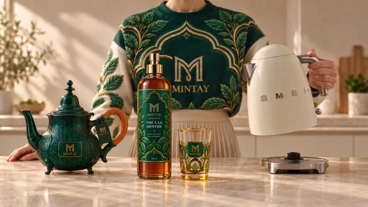 La bouteille MINTAY avec pompe, un verre de thé à la menthe, le Bered et la bouilloire sur un plan de travail.
